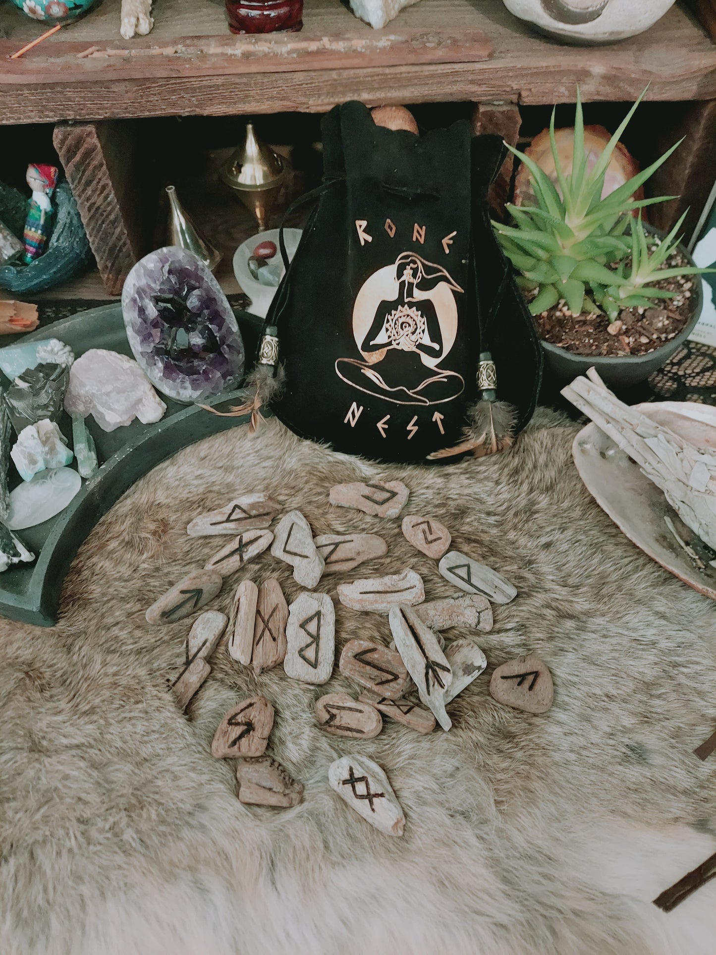 Elder Futhark Rune Set- Driftwood Runes-Hand burned- Divination- Full moon foraged- Adorned Suede Bag